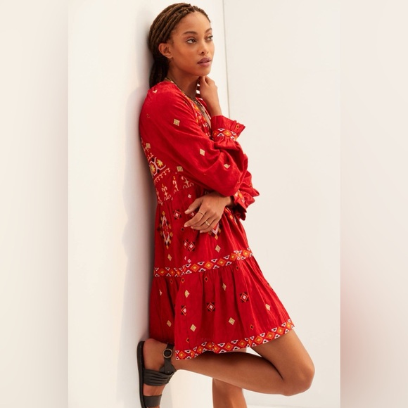 Anthropologie Niamh Red Embroidered Long Sleeve Tunic Dress, size S - Picture 1 of 12